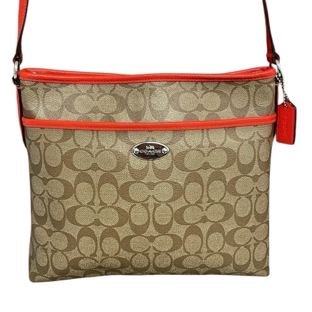 COACH Purse Shoulder Bag Crossbody Brown Red Coated Canvas Monogram Signature
